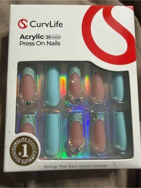 Acrylic Press On Nails - CurvLife Brand Tiffany Blue and Nude Gem Square Tip